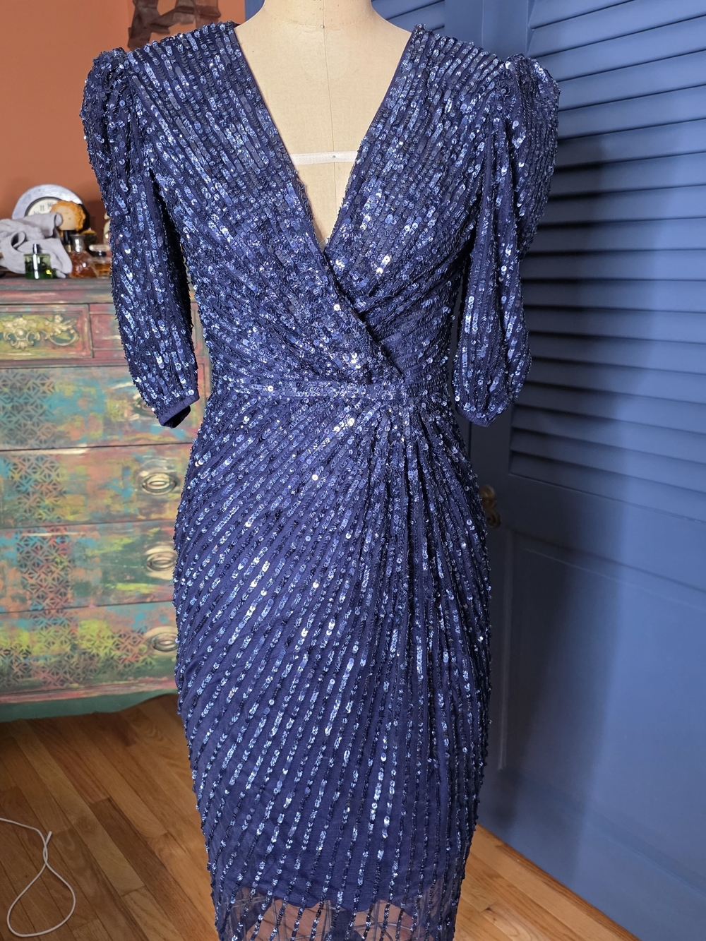 Mac Duggal Navy Blue Sequin Midi Dress